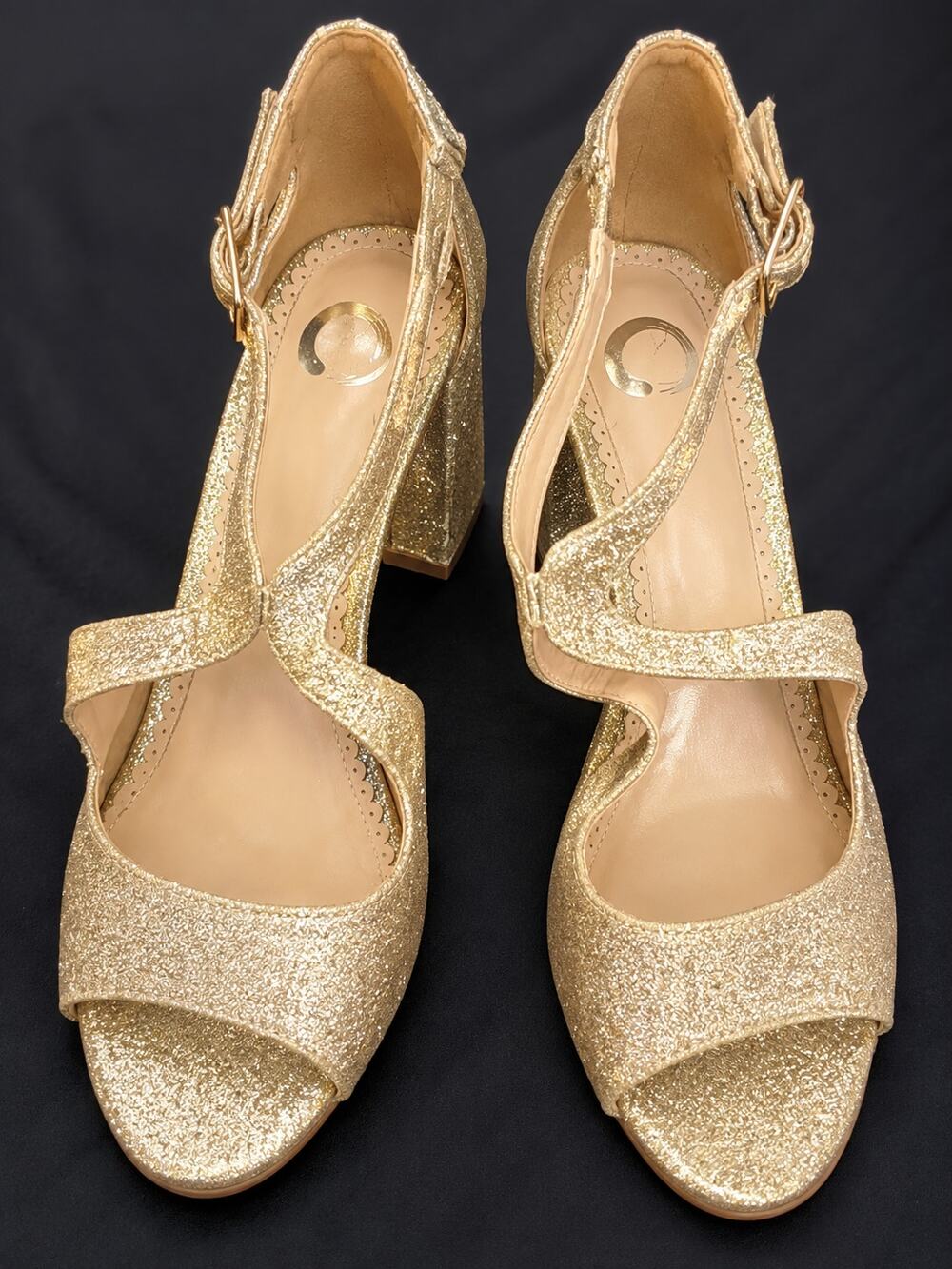 Women’s Gold Glitter Block Heel Sandals Size 9 Ankle Strap Formal